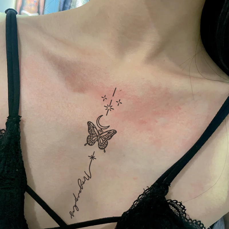 รอยสักชั่วคราวดอกไม้ผีเสื้อกันน้ําการออกแบบกึ่งถาวรสําหรับกระดูกไหปลาร้าและแขน ไม่จํากัดเพศ - รูปที่ 2