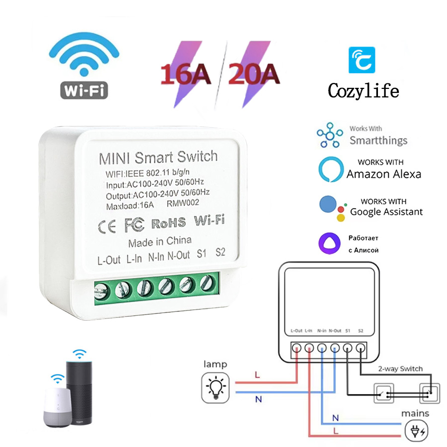 สมาร์ท WiFi สวิตช์โมดูล 16A 20A รีเลย์เบรกเกอร์ 2 ทาง ควบคุมระยะไกลผ่านแอป AC100-240V รองรับ Alexa และ Google Home