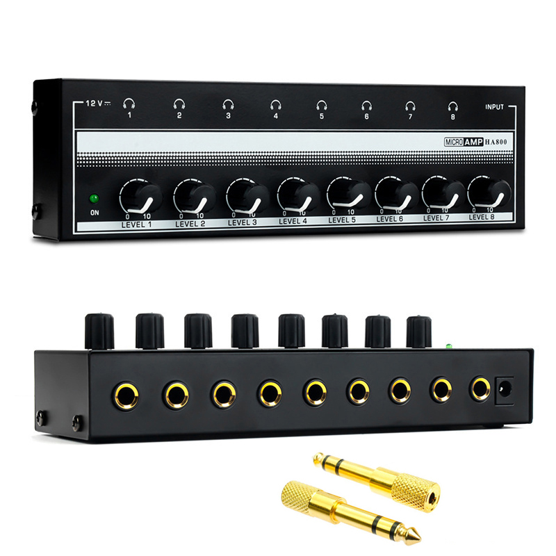 8 ช่องเครื่องขยายเสียงหูฟังเครื่องผสมเสียงพร้อมอะแดปเตอร์ไฟ EU/US อุปกรณ์เสริมพร้อมตัวแปลงเสียง 2 ชิ้น