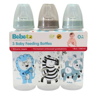 Bebeta Feeding Bottle 8 ounce Regular Neck with Scale Hood and Animal Print 3 Pieces