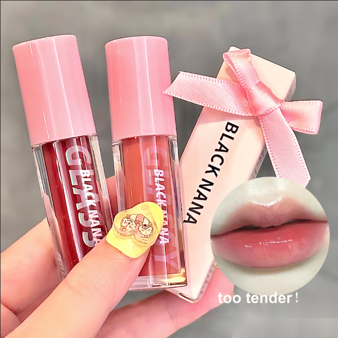 Black NANA Peachy Crystal Mirror Glass Bow Lip Glaze Hydrating Moisturizing Jelly Clear Sweet Lip Glaze