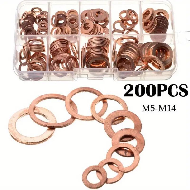 200ชิ้นพรีเมี่ยมทองแดงแข็งปะเก็นเครื่องซักผ้า ซัมป ปลั๊กซีลน้ํามันแหวนชุด-ทนทานการออกแบบทนครัชสําหรับเรืออุปกรณ์ฮาร์ดแวร์-เครื่องมือที่จําเป็นสําหรับการปิดผนึกป้องกันการรั่ว