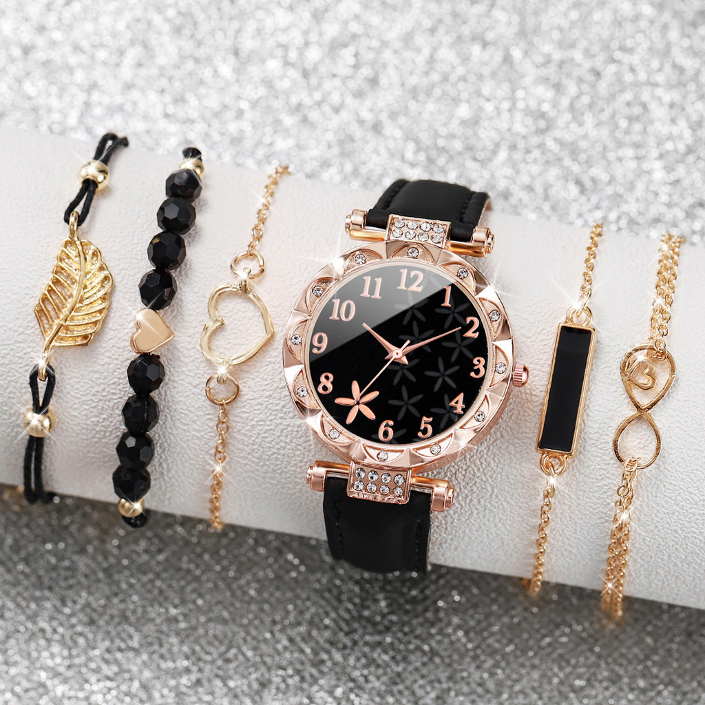 ชุดนาฬิกาควอทซ์ผู้หญิง Diamond-Studded แฟชั่น 6 ชิ้นพร้อมสร้อยข้อมือใบหัวใจ - ไม่รวมกล่อง