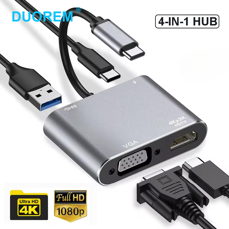 4 in 1 ประเภท C ถึง 4K HDMI HDTV 1080P VGA USB 3.0 หญิงอะแดปเตอร์แปลงสายเคเบิลสําหรับ Windows