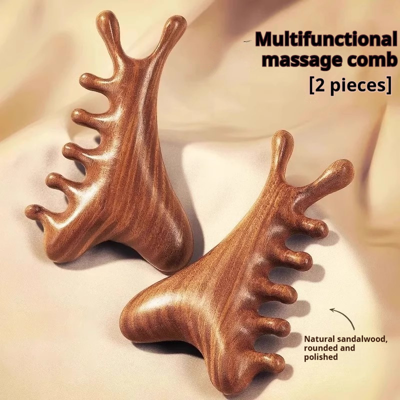 หวีมาสซาจไม้จันทน์ 4-in-1 สำหรับบำบัดหนังศีรษะ ยกระดับ lymphatic ใบหน้าและดวงตา เครื่องนวดเพื่อสุขภาพ ช่วยกระตุ้นการไหลเวียนของเลือด