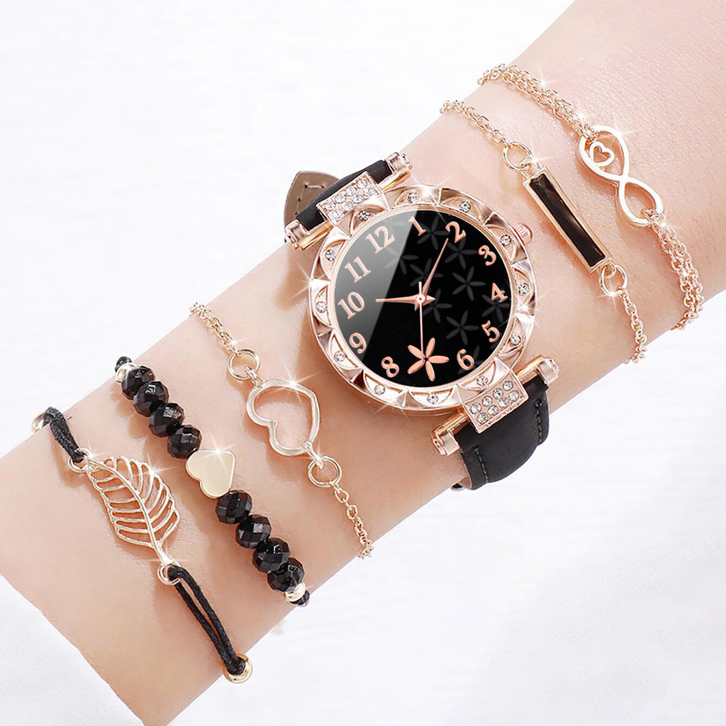 ชุดนาฬิกาควอทซ์ผู้หญิง Diamond-Studded แฟชั่น 6 ชิ้นพร้อมสร้อยข้อมือใบหัวใจ - ไม่รวมกล่อง