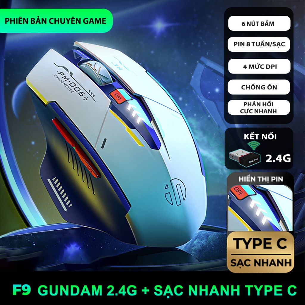Inphic F9 เมาส์เล่นเกมไร้สาย 2.4G 800 ถึง 2400DPI เงียบตามหลักสรีรศาสตร์สําหรับแล็ปท็อปพีซี