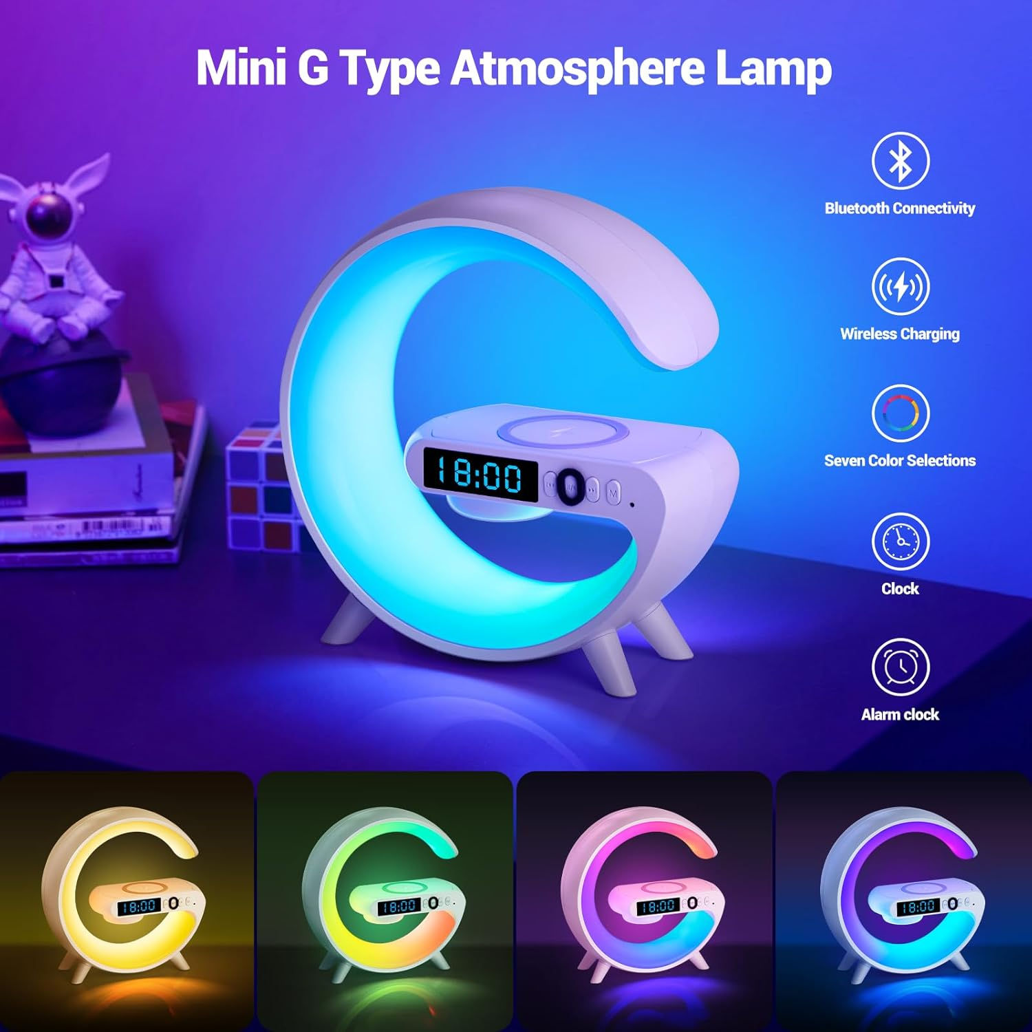 4in1led บรรยากาศ RGB เครื่องชาร์จไร้สายลําโพงบลูทูธโคมไฟตั้งโต๊ะมากกว่า 10 โหมดสีอ่อน