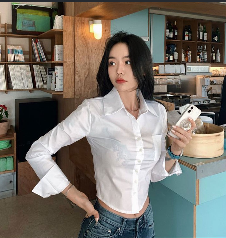 เสื้อผู้หญิงพับ Slim Fit Crop Tops ออกแบบทุกวันสีขาวสไตล์เกาหลีแฟชั่น Casual Office Lady All-match Tender ฤดูใบไม้ผลิและฤดูใบไม้ร่วง