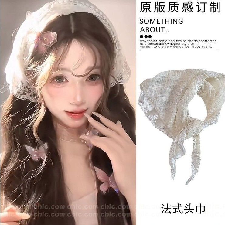 French Pastoral สไตล์ลูกไม้บางดอกไม้ Headscarf Headwear 2024 สไตล์ใหม่ Outing Photo Super Fairy ผ้าพันคอสามเหลี่ยม