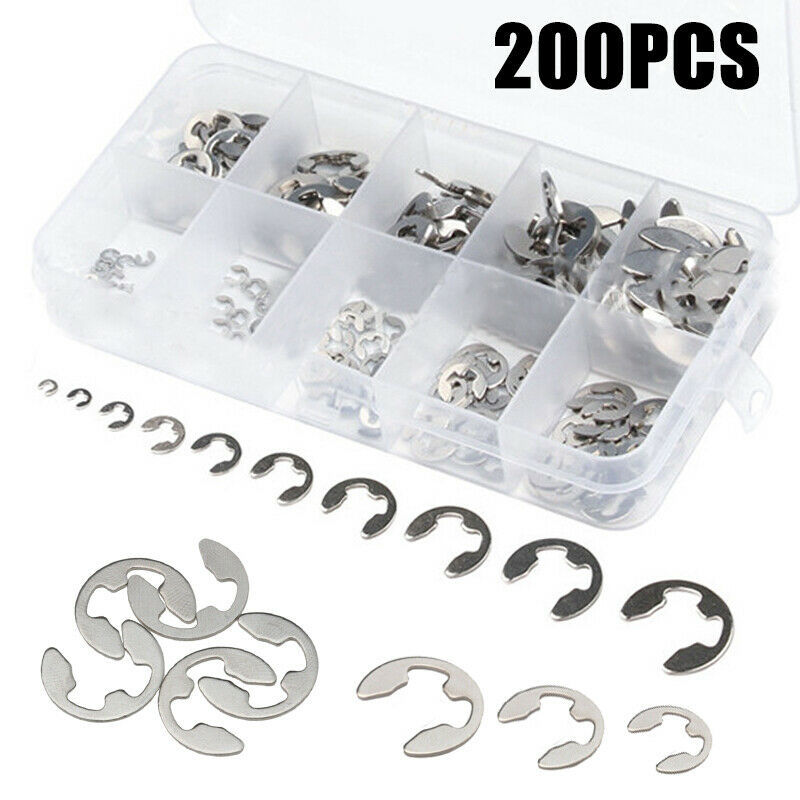 200 ชิ้น/กล่อง Assortment Kit E คลิป Snap Circlip เครื่องซักผ้าสแตนเลสเพลาแหวนยึดภายนอก 1.5-10 มม. สําหรับเพลา Fastener