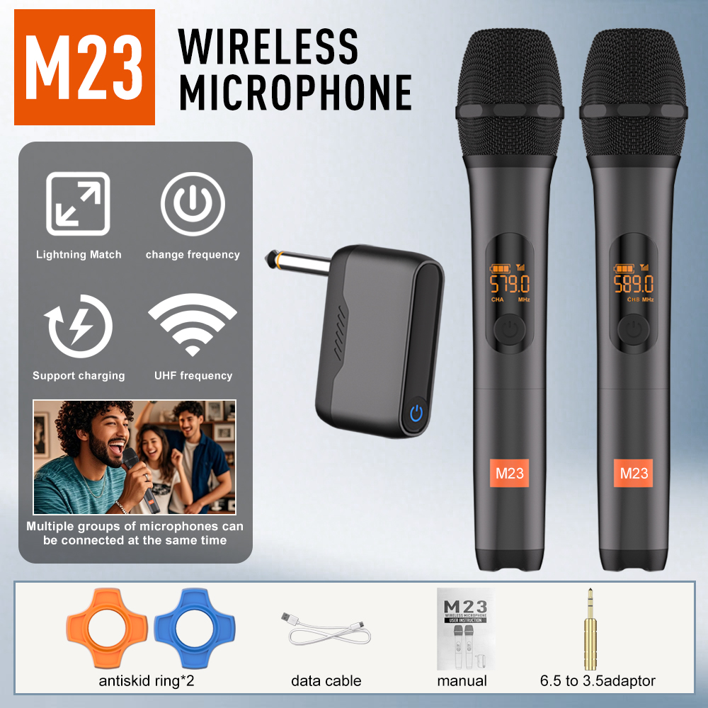 ไมโครโฟนไร้สาย UHF M23 พร้อมตัวรับสัญญาณแบบชาร์จไฟได้ 5 ชั่วโมงแบตเตอรี่ทํางานสําหรับคาราโอเกะเวทีแสดงปาร์ตี้