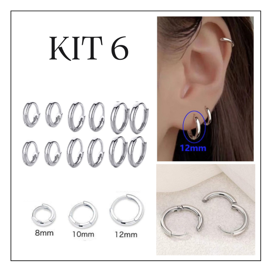 เงิน 6 คู่ต่างหูวงกลมสแตนเลส Punk Rock Rhodium Plated Unisex Set
