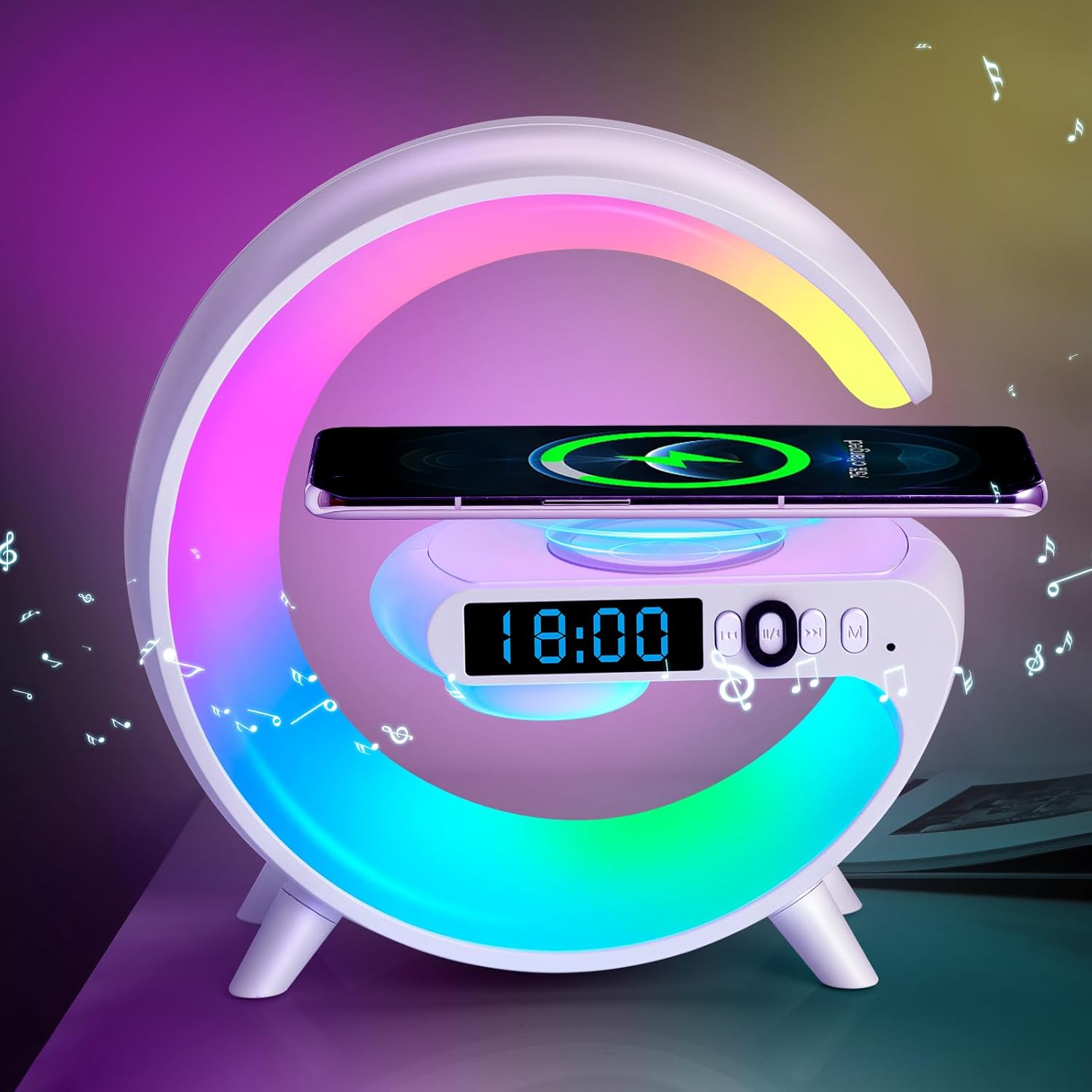4in1led บรรยากาศ RGB เครื่องชาร์จไร้สายลําโพงบลูทูธโคมไฟตั้งโต๊ะมากกว่า 10 โหมดสีอ่อน