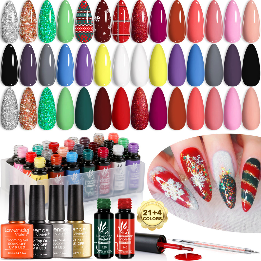 26ชิ้นเจลยาทาเล็บชุด21สีคลาสสิกสีแดงสีขาวสีดํา,ฐานด้านบนเสื้อ, กําลังเบ่งบาน เจลและสองหัวเล็บปากกาแปรงสําหรับเล็บแต่งเล็บวันหยุดคริสต์ม