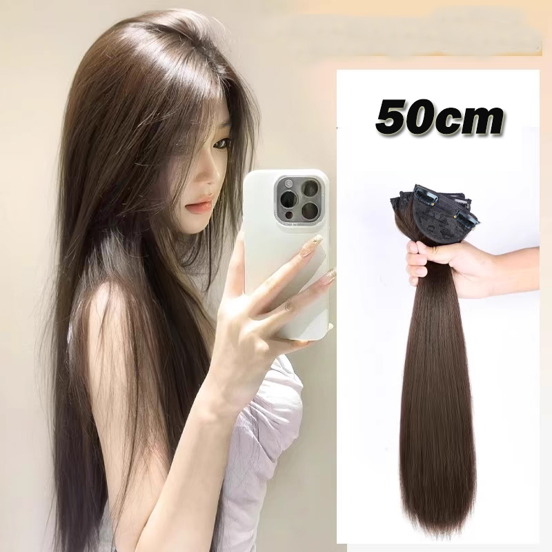 50เซนติเมตรแฟชั่นยาวผมตรงต่อผมด้วยคลิปที่แข็งแกร่งสังเคราะห์ธรรมชาติสีดํา แฮร์พีซ