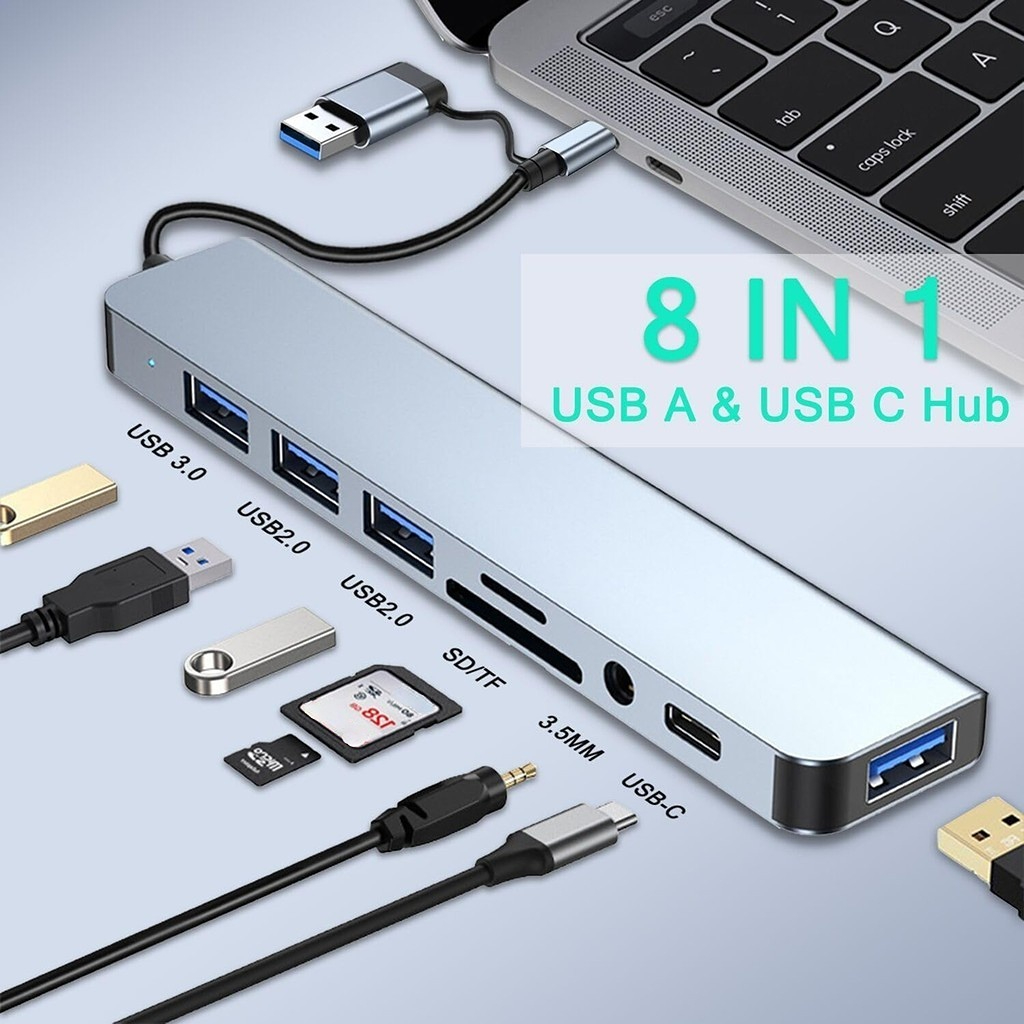 USB Hub 3.0 อลูมิเนียม 8 in 2 Splitter USB3.0 Type C TF SD Card Reader 3.5 มม.สําหรับ PC แล็ปท็อปแท็บเล็ต