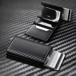กระเป๋าสตางค์คาร์บอนไฟเบอร์ Auto-Pop - กระเป๋าใส่บัตรปิดกั้น RFID แบบบางพิเศษสําหรับผู้ชายและผู้หญิง