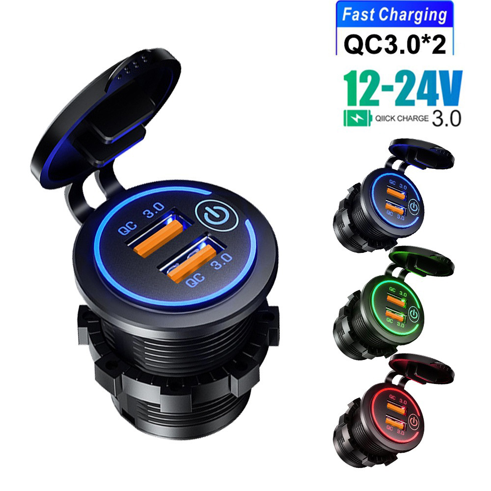 Dual QC 3.0 Car Charger กันน้ํา USB Outlet Quick Charging Power Socket พร้อมสวิตช์สําหรับ 12/24V รถจักรยานยนต์รถอุปกรณ์เสริม