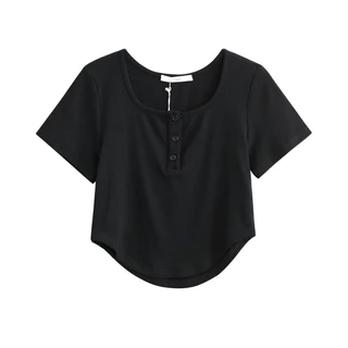 เสื้อยืดแขนสั้น ผู้หญิง ผ้าร่อง คอกว้าง ปลายยูพรางหุ่น แต่งกระดุม Size L-3XL