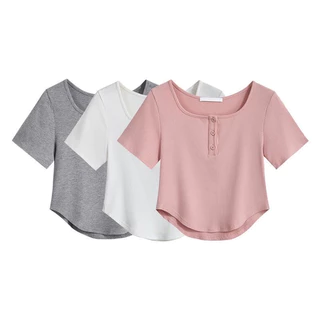 เสื้อยืดแขนสั้น ผู้หญิง ผ้าร่อง คอกว้าง ปลายยูพรางหุ่น แต่งกระดุม Size L-3XL