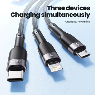 สายชาร์จเร็ว 3-in-1 100W 1.2M USB Type C/Micro/L แล็ปท็อปแท็บเล็ตข้อมูลโทรศัพท์ความเร็วเต็ม