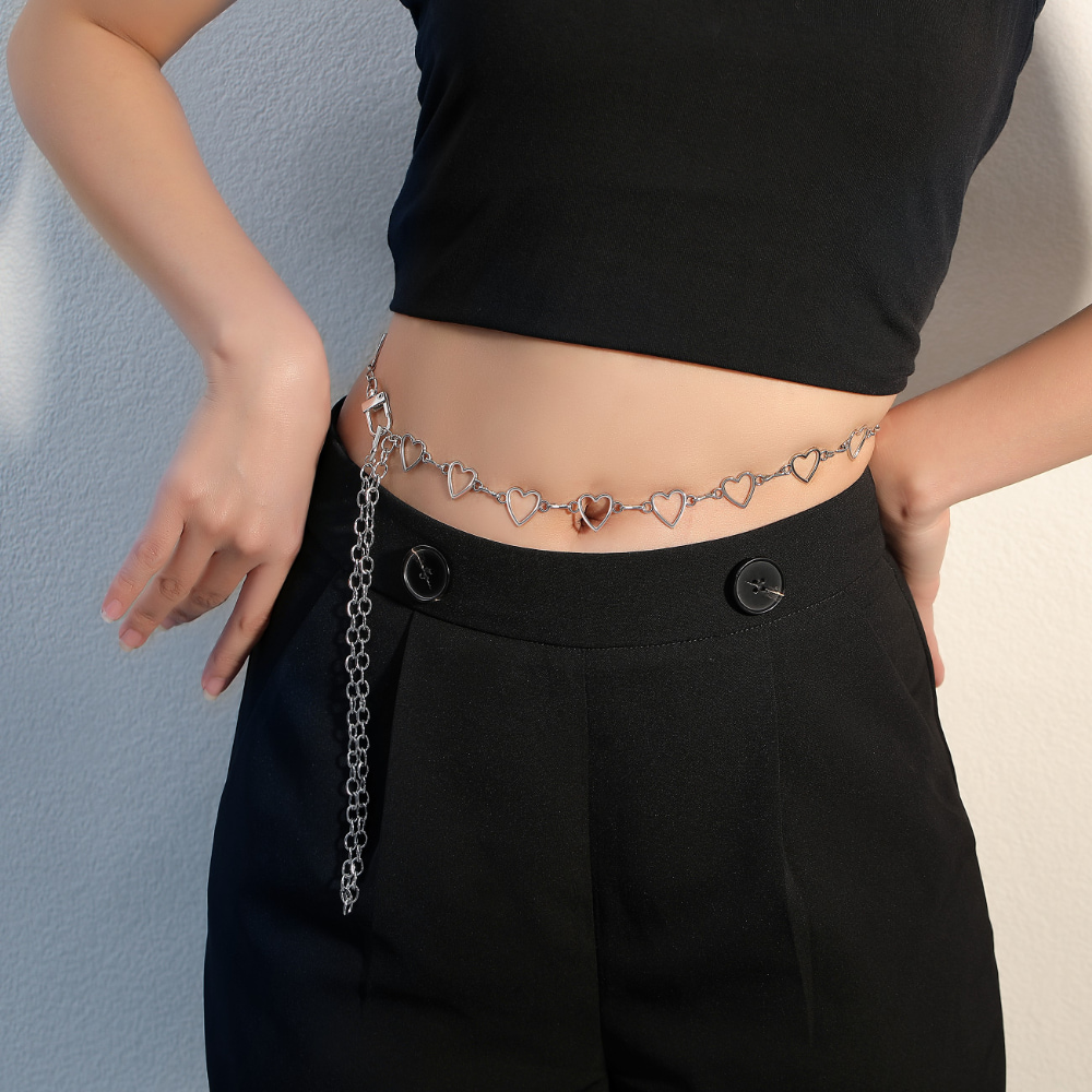 ผู้หญิงอินเทรนด์พังก์ฮิปฮอปเงินกลวงหัวใจรักโซ่เอวปรับเก๋อเนกประสงค์สําหรับชุดลําลอง - รูปที่ 2