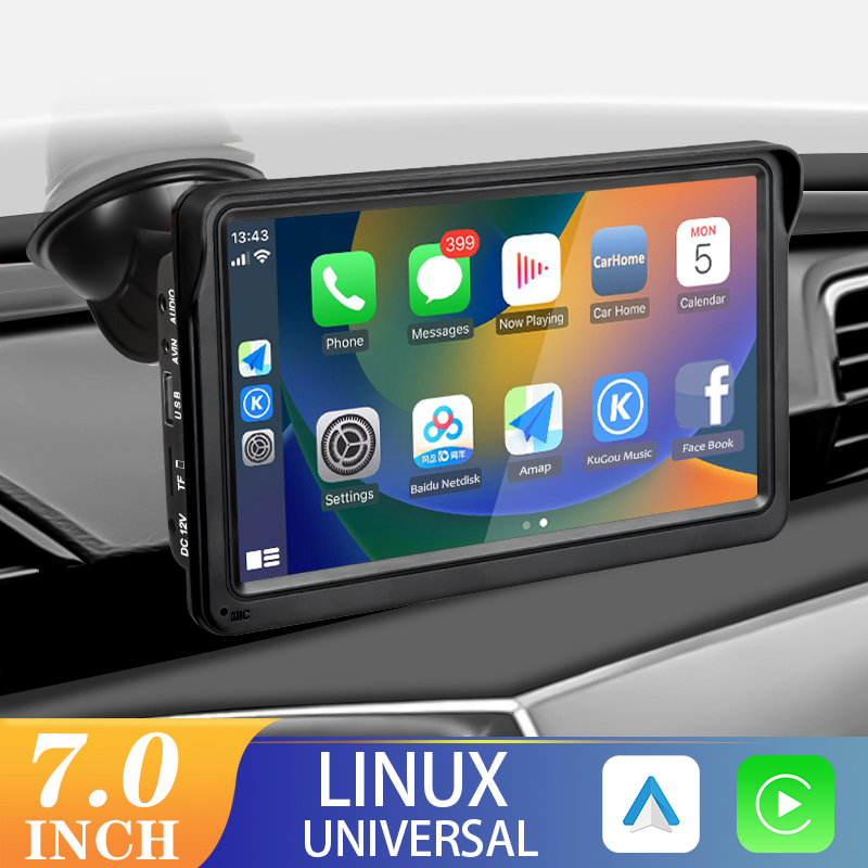 Carplay Android Auto รถวิทยุเครื่องเล่นวิดีโอมัลติมีเดีย 7 นิ้วหน้าจอสัมผัสแบบพกพา USB AUX สําหรับกล้องมองหลัง