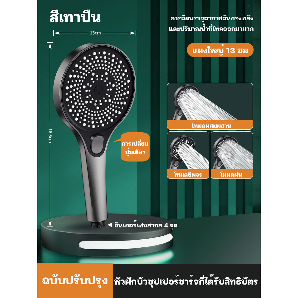 ฝักบัวขนาดใหญ่ 12cm ฝักบัวแรงดันสูง เพิ่มแรงดันน้ำ 3 เท่า สีเทา/สีเงิน