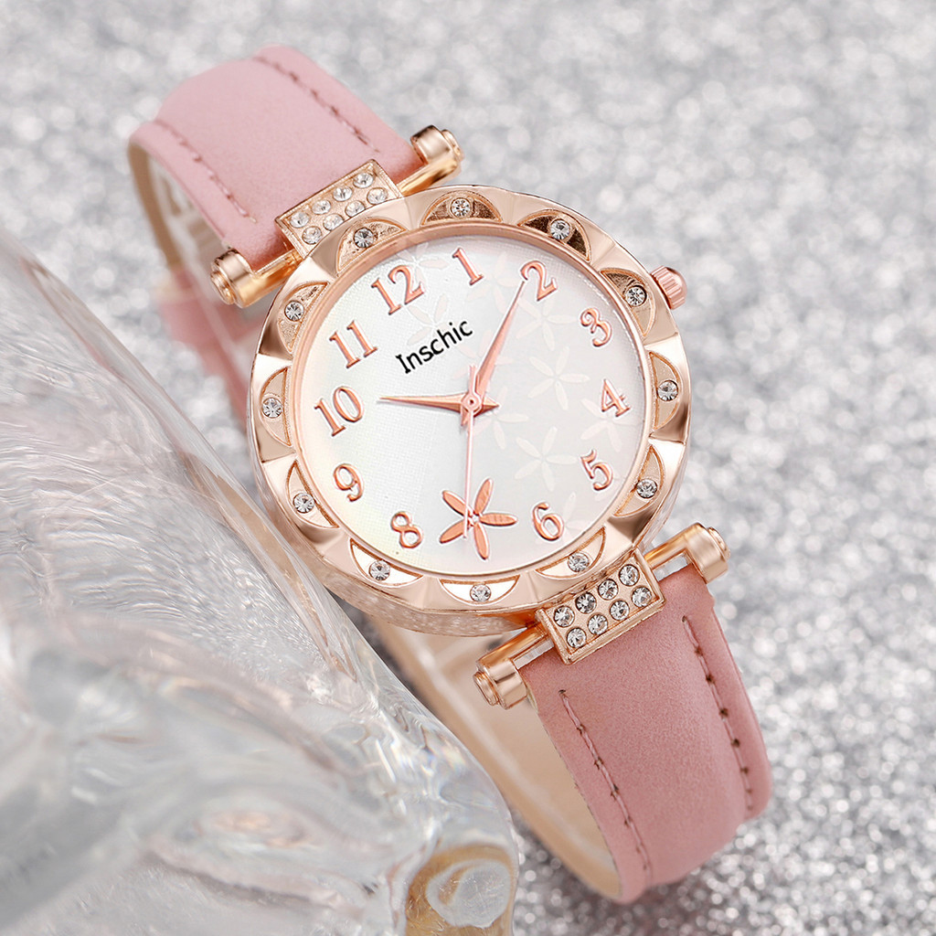 แฟชั่นดอกไม้ Dial ผู้หญิงนาฬิกา Casual สายหนังควอตซ์นาฬิกาชุดเครื่องประดับ (พร้อมกล่องไม่มี)