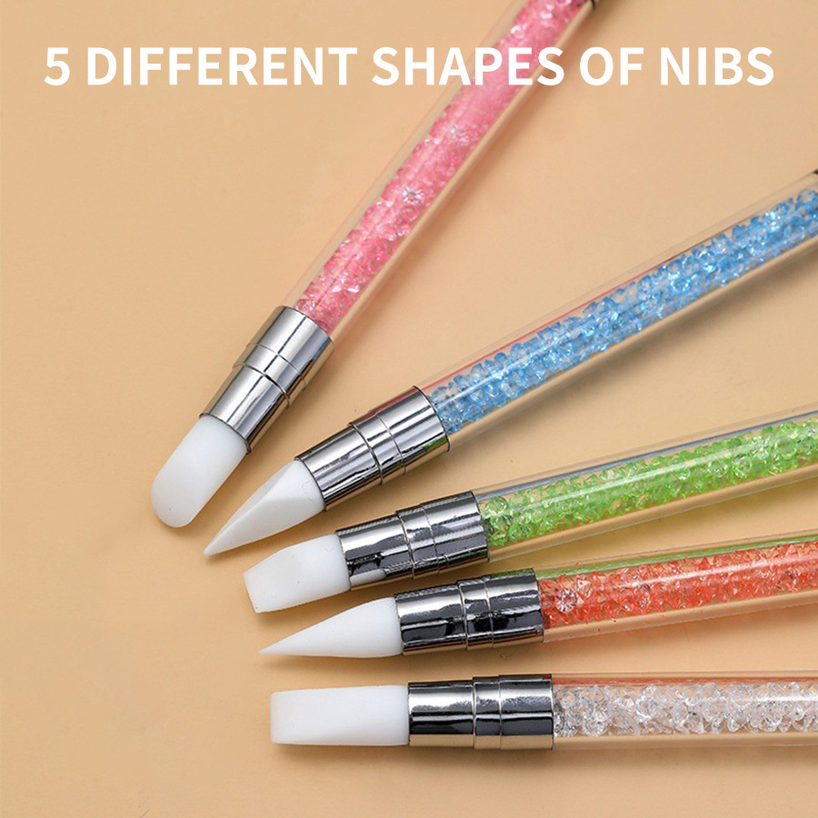 Nail Art แปรงซิลิโคน 5 ชิ้นแกะสลักภาพวาดดินสอ 10 เคล็ดลับ UV เจล DIY Polish Dual-head กระจกผงประติมากรรมเล็บเครื่องมือ - รูปที่ 5