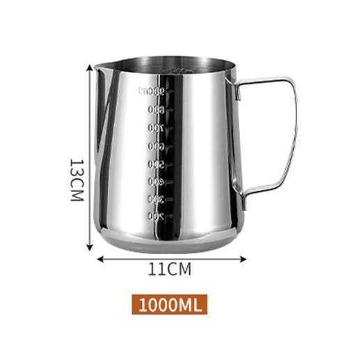 เหยือกตีฟองนมสแตนเลส มีมาตรวัด 2 ด้าน 1000ml และแก้วชงกาแฟ 75ml