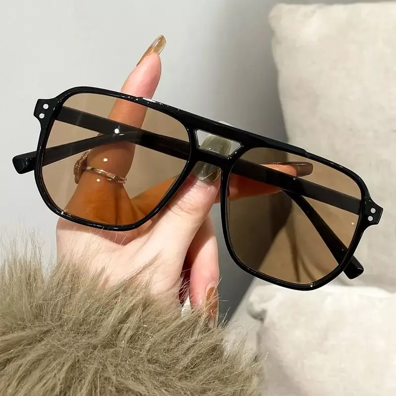 Retro Double Beam แว่นตากันแดดกรอบใหญ่ UV Protection Ocean เลนส์ชาดํา/สีดําสีเหลืองสําหรับฤดูหนาว Sun Aesthetic 2026 Early Spring รันเวย์