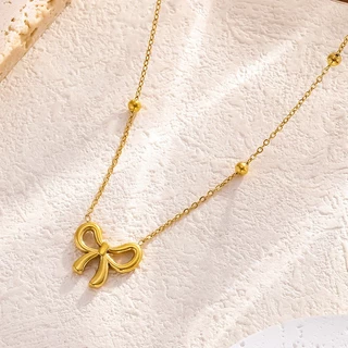 Gold Bow Tie สร้อยคอผู้หญิง Hypoallergenic Titanium Cubic Zirconia Vintage Dainty เครื่องประดับของขวัญ