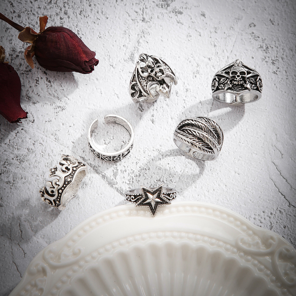 6 ชิ้น Vintage Viking Skull Finger แหวนชุดผู้หญิง/ผู้ชายอินเทรนด์ Cool Boy Girl Street ทุกวันอุปกรณ์เสริม - รูปที่ 3