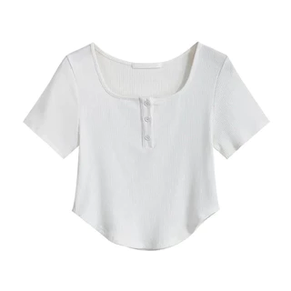 เสื้อยืดแขนสั้น ผู้หญิง ผ้าร่อง คอกว้าง ปลายยูพรางหุ่น แต่งกระดุม Size L-3XL