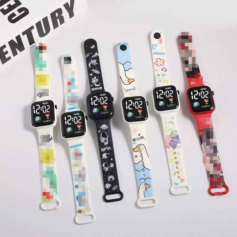 ใหม่ นาฬิกาข้อมืออิเล็กทรอนิกส์ LED พิมพ์ลายการ์ตูน ทรงสี่เหลี่ยม แฟชั่น สําหรับนักเรียนประถม
