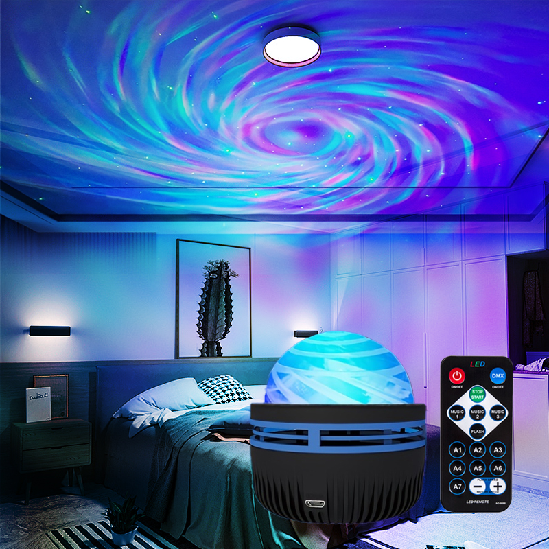 โคมไฟโปรเจคเตอร์แสงเหนือหมุนได้ LED RGB โปรเจคเตอร์ภาพสีเจ็ดสี โคมไฟบรรยากาศเตียงห้องรับแขกโคมไฟกลาง