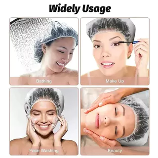 หมวกอาบน้ํากันน้ําแบบใช้แล้วทิ้ง 100 ชิ้นพลาสติกผมอาบน้ําปกโปร่งใสน้ําต้านทานยืดหยุ่นซาวน่าครัว