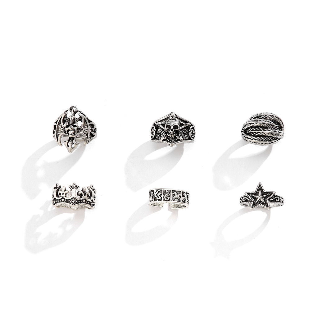 6 ชิ้น Vintage Viking Skull Finger แหวนชุดผู้หญิง/ผู้ชายอินเทรนด์ Cool Boy Girl Street ทุกวันอุปกรณ์เสริม - รูปที่ 4