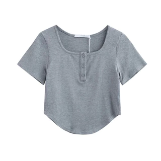 เสื้อยืดแขนสั้น ผู้หญิง ผ้าร่อง คอกว้าง ปลายยูพรางหุ่น แต่งกระดุม Size L-3XL