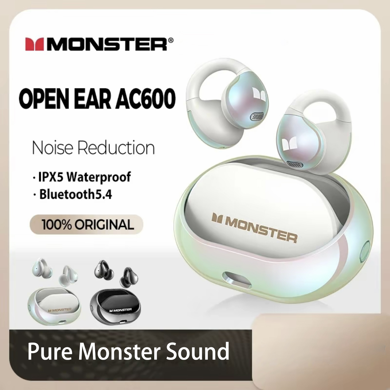 หูฟังบลูทูธไร้สาย Monster AC600 แบบหนีบหู พร้อมไมโครโฟน ตัดเสียงรบกวน กันน้ํา HiFi โทรชัด ดีไซน์แหวน