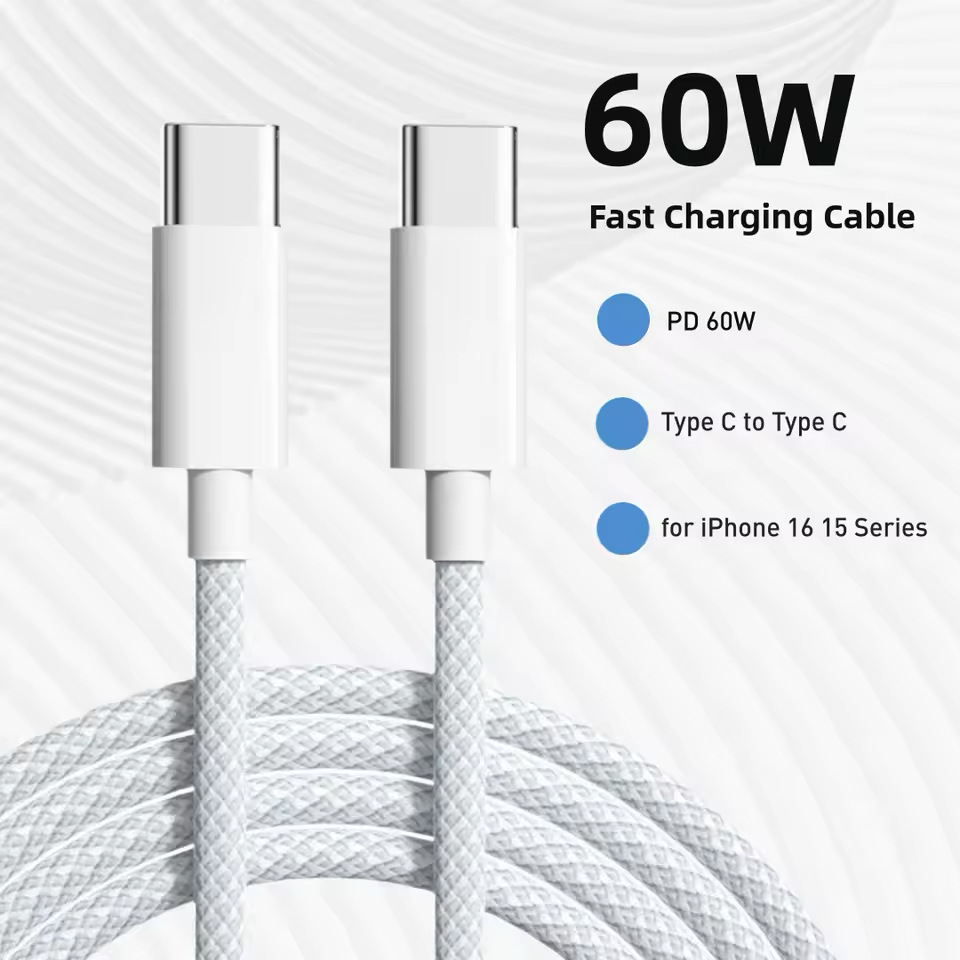 สายชาร์จ USB-C to Type-C ความเร็วสูง 2 เมตร PD 60W สำหรับ iPhone 15/16 Android สำหรับ Samsung และ Huawei
