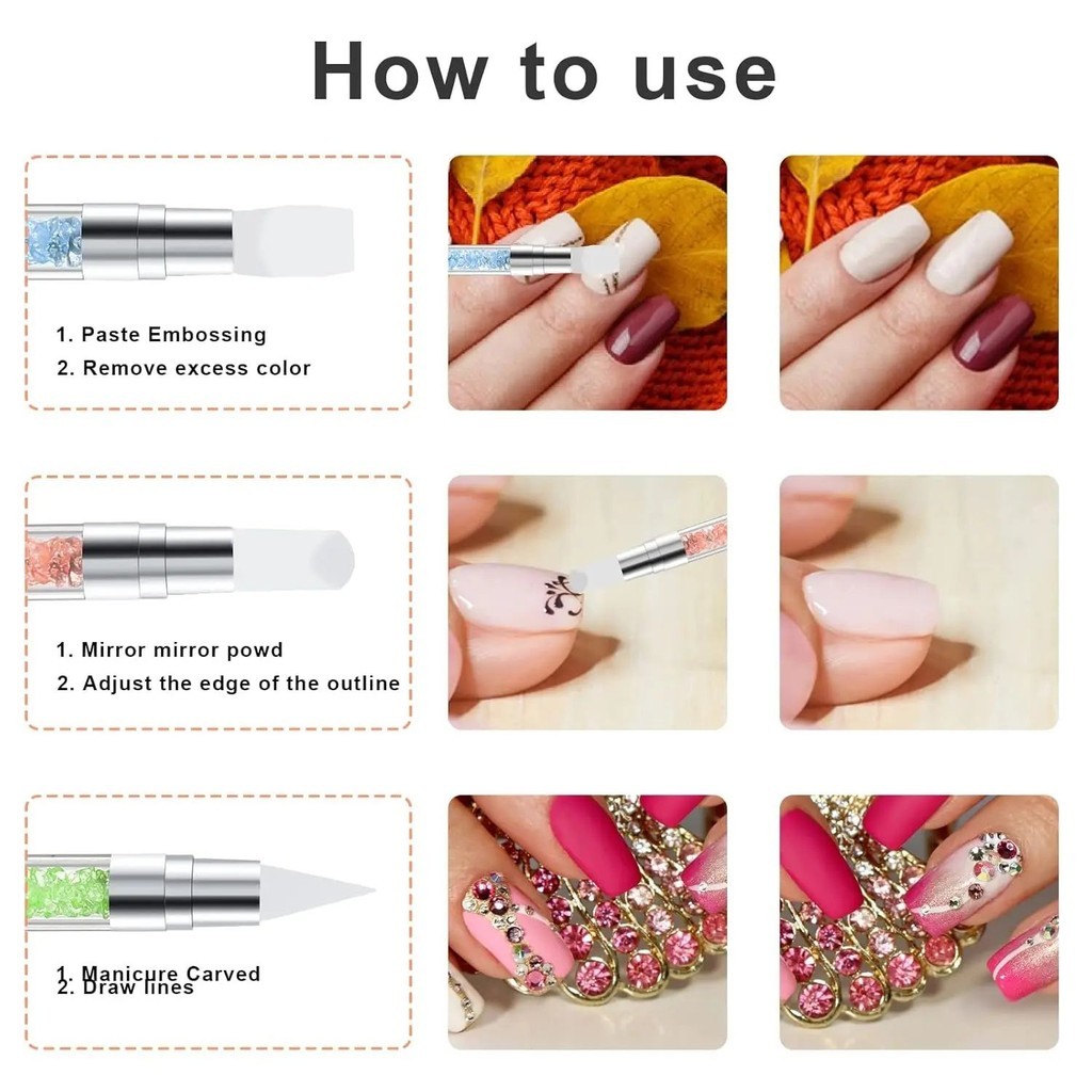 Nail Art แปรงซิลิโคน 5 ชิ้นแกะสลักภาพวาดดินสอ 10 เคล็ดลับ UV เจล DIY Polish Dual-head กระจกผงประติมากรรมเล็บเครื่องมือ - รูปที่ 2