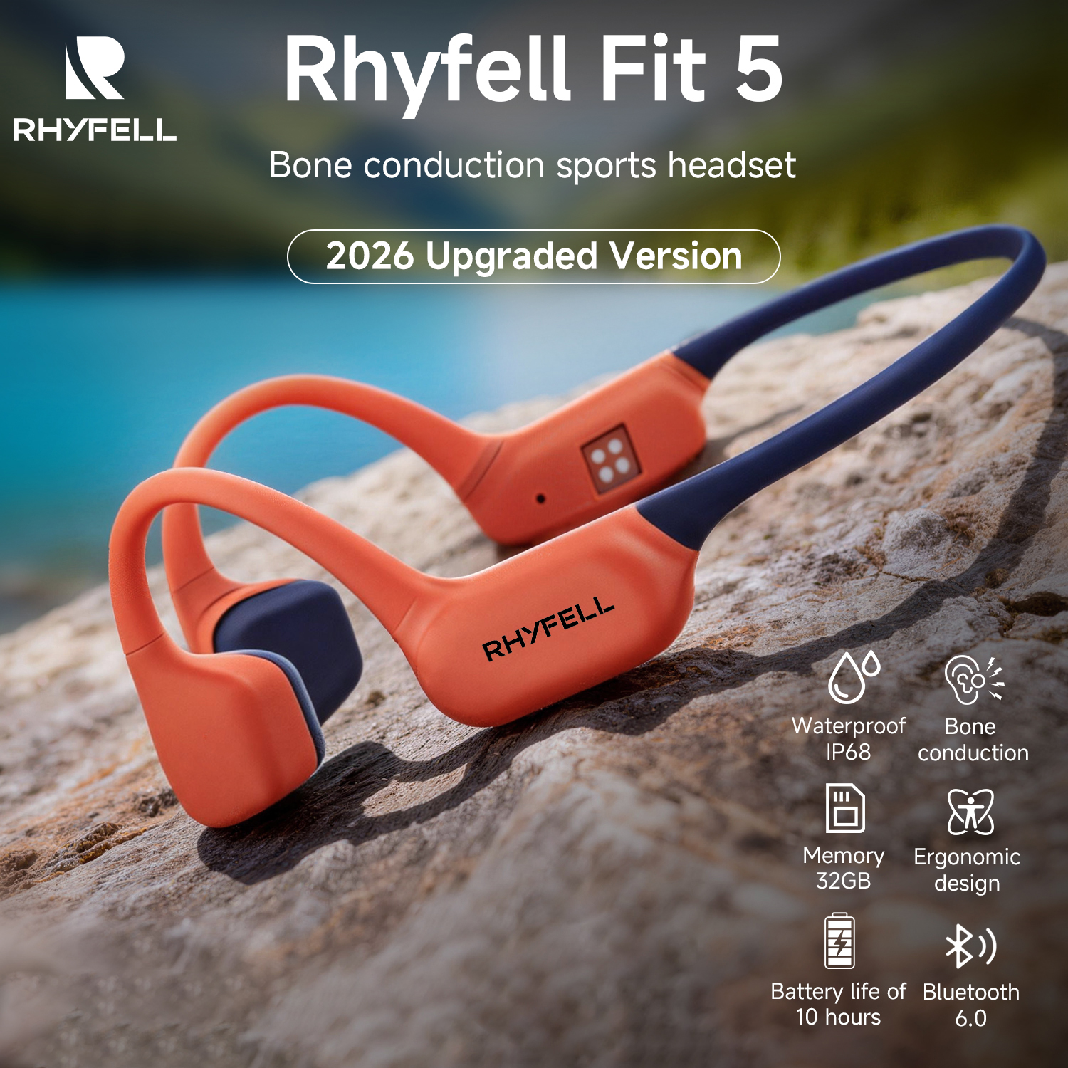 RHYFELL FIT 5 หูฟังไร้สายบลูทูธ 6.0 Bone Conduction หูฟัง IP68 กันน้ํา 10H อายุการใช้งานแบตเตอรี่ MP3 หน่วยความจําวิ่งขี่จักรยานชุดหูฟังเปิดหู