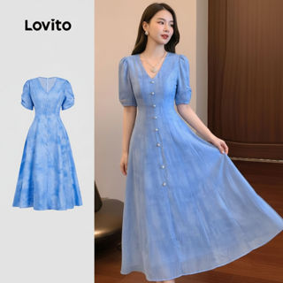 Lovito ชุดเดรสผู้หญิง สไตล์ลําลอง ติดกระดุม สําหรับฤดูใบไม้ผ…