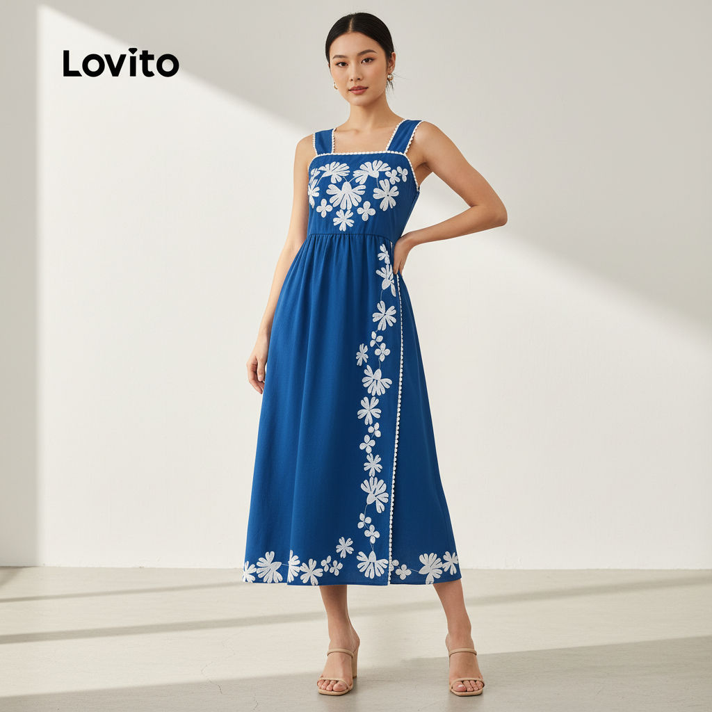 Lovito ชุดเดรสคอระบายลายดอกไม้สีตัดกันสไตล์หรูหราสําหรับผู้หญิง LBL23073