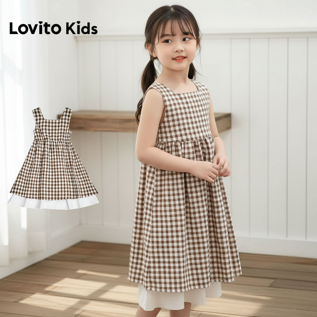 Lovito Kids เดรสลําลองผูกเชือกสําหรับฤดูใบไม้ผลิ/ฤดูร้อน สีน้ําตาลสําหรับเด็กผู้หญิง L168LD177