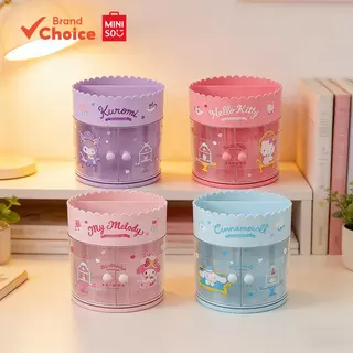 MINISO Sanrio ตัวละคร ซีรีส์ Afternoon Tea กล่องเก็บของตั้งโต๊ะแบบประตูคู่หมุนได้ ขนาด 13.5 ซม. × 13 ซม. × 14 ซม.
