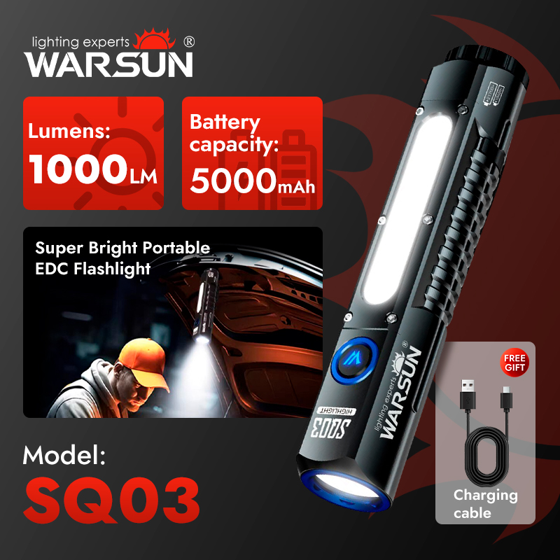 ไฟฉายพกพาแบบชาร์จไฟได้ WARSUN SQ03 LED 8 โหมดสําหรับตั้งแคมป์ เดินป่า ฉุกเฉิน กิจกรรมกลางแจ้ง
